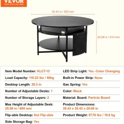 VEVOR Lift Top Coffee Table, 35.3 in Round Coffee Table with Extra Storage Pockets, Pop Up Coffee Table for Living Room, Black