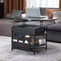 VEVOR Lift Top Coffee Table, 35.3 in Round Coffee Table with Extra Storage Pockets, Pop Up Coffee Table for Living Room, Black