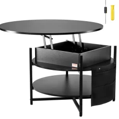 VEVOR Lift Top Coffee Table, 35.3 in Round Coffee Table with Extra Storage Pockets, Pop Up Coffee Table for Living Room, Black