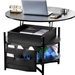 VEVOR Lift Top Coffee Table, 35.3 in Round Coffee Table with Extra Storage Pockets, Pop Up Coffee Table for Living Room, Black