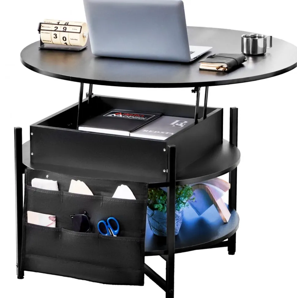 VEVOR Lift Top Coffee Table, 35.3 in Round Coffee Table with Extra Storage Pockets, Pop Up Coffee Table for Living Room, Black