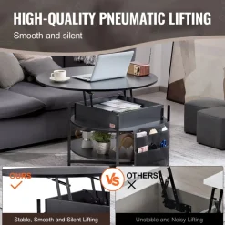 VEVOR Lift Top Coffee Table, 35.3 in Round Coffee Table with Extra Storage Pockets, Pop Up Coffee Table for Living Room, Black