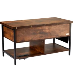 VEVOR Lift Top Coffee Table, 39.4 in Rectangle Coffee Table with Extra Storage Pockets, Flipable Coffee Table with Power Strip & USB & Ambient Lighting for Living Room, Brown