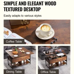 VEVOR Lift Top Coffee Table, 39.4 in Rectangle Coffee Table with Extra Storage Pockets, Flipable Coffee Table with Power Strip & USB & Ambient Lighting for Living Room, Brown