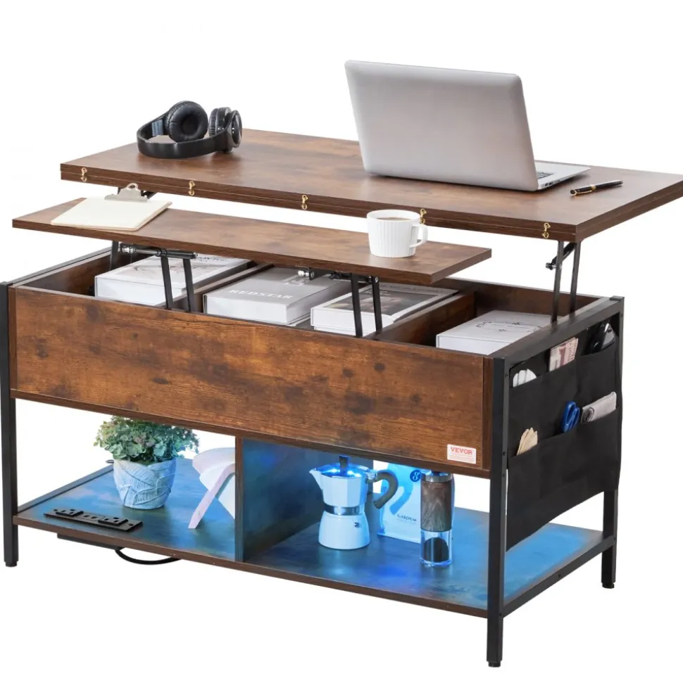 VEVOR Lift Top Coffee Table, 39.4 in Rectangle Coffee Table with Extra Storage Pockets, Flipable Coffee Table with Power Strip & USB & Ambient Lighting for Living Room, Brown