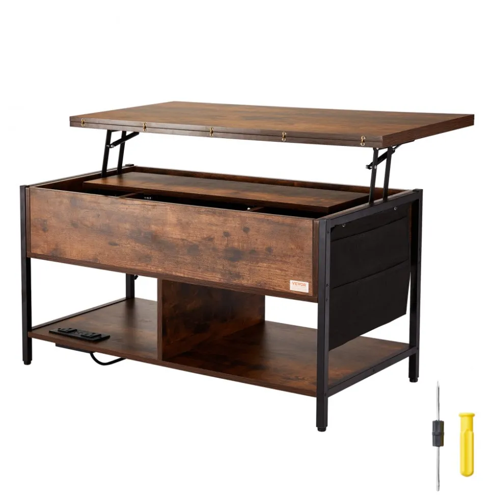 VEVOR Lift Top Coffee Table, 39.4 in Rectangle Coffee Table with Extra Storage Pockets, Flipable Coffee Table with Power Strip & USB & Ambient Lighting for Living Room, Brown