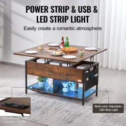 VEVOR Lift Top Coffee Table, 39.4 in Rectangle Coffee Table with Extra Storage Pockets, Flipable Coffee Table with Power Strip & USB & Ambient Lighting for Living Room, Brown