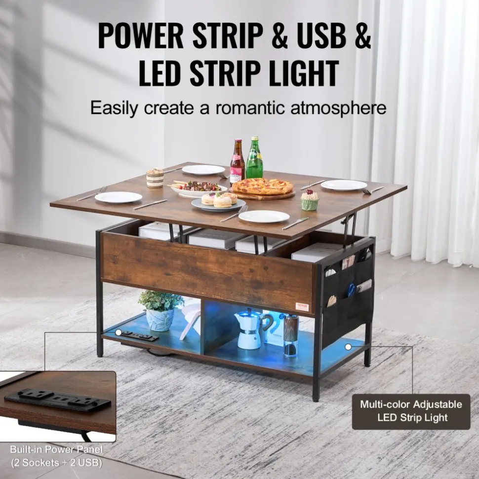 VEVOR Lift Top Coffee Table, 39.4 in Rectangle Coffee Table with Extra Storage Pockets, Flipable Coffee Table with Power Strip & USB & Ambient Lighting for Living Room, Brown