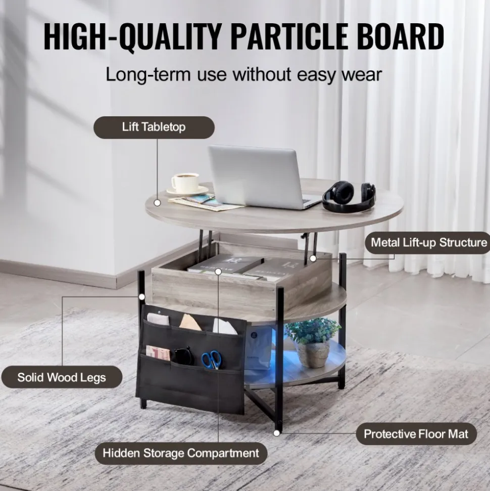 VEVOR Lift Top Coffee Table, 35.3 in Round Coffee Table with Extra Storage Pockets, Pop Up Coffee Table for Living Room, White