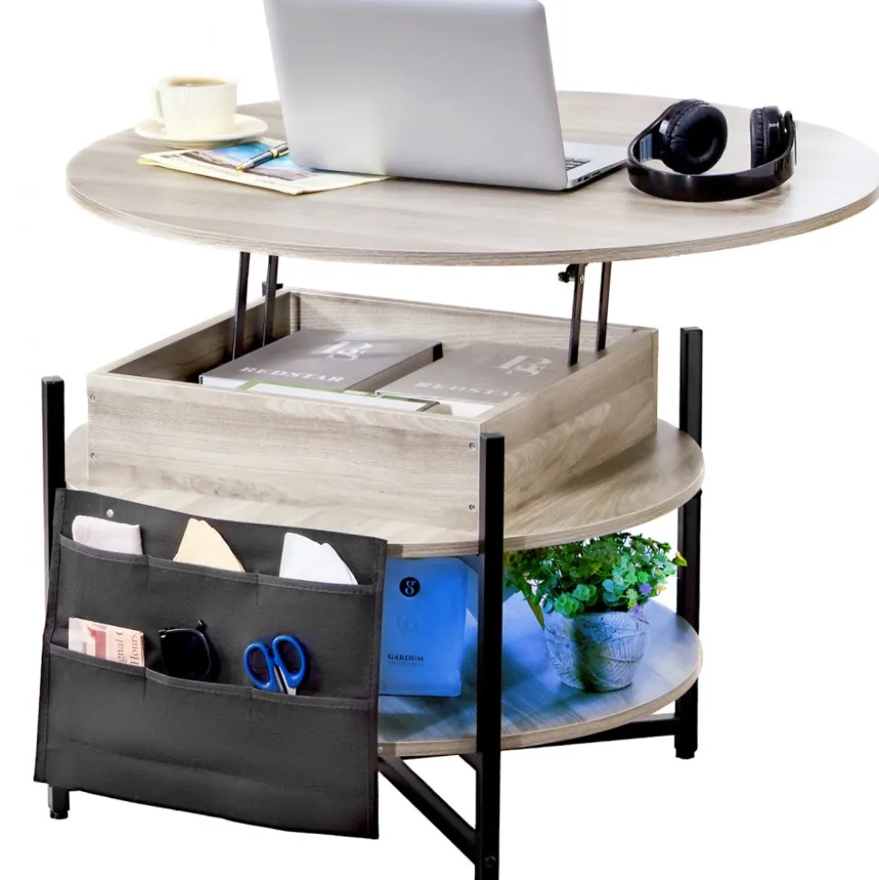 VEVOR Lift Top Coffee Table, 35.3 in Round Coffee Table with Extra Storage Pockets, Pop Up Coffee Table for Living Room, White