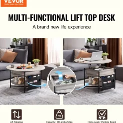 VEVOR Lift Top Coffee Table, 35.3 in Round Coffee Table with Extra Storage Pockets, Pop Up Coffee Table for Living Room, White