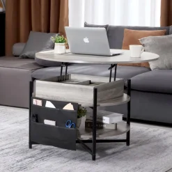 VEVOR Lift Top Coffee Table, 35.3 in Round Coffee Table with Extra Storage Pockets, Pop Up Coffee Table for Living Room, White