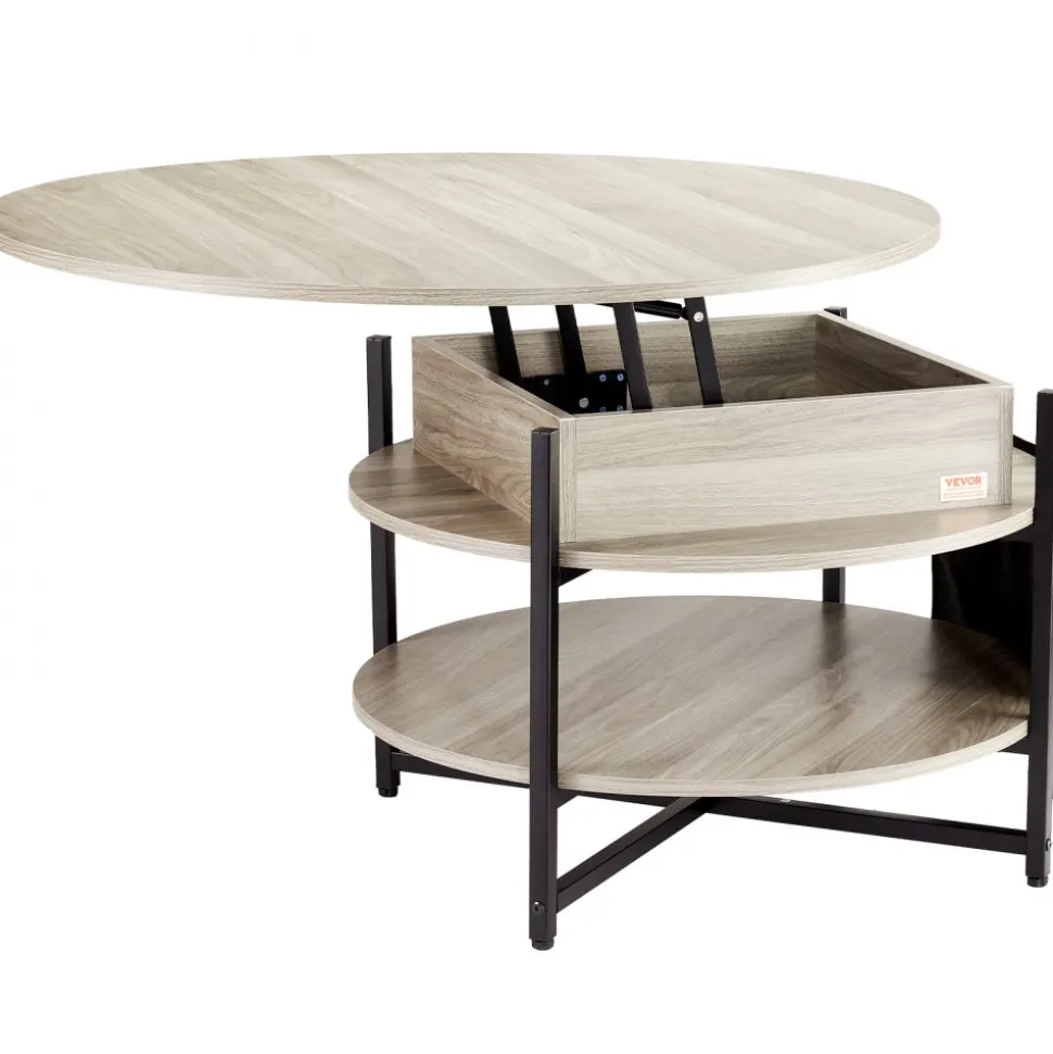 VEVOR Lift Top Coffee Table, 35.3 in Round Coffee Table with Extra Storage Pockets, Pop Up Coffee Table for Living Room, White