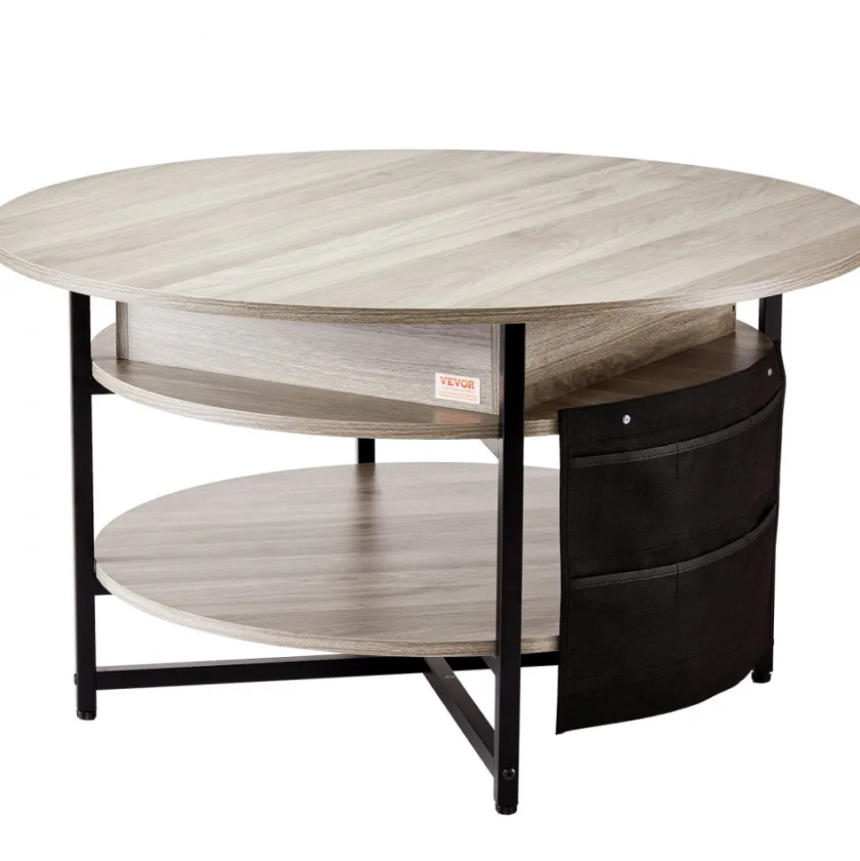VEVOR Lift Top Coffee Table, 35.3 in Round Coffee Table with Extra Storage Pockets, Pop Up Coffee Table for Living Room, White