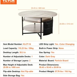 VEVOR Lift Top Coffee Table, 35.3 in Round Coffee Table with Extra Storage Pockets, Pop Up Coffee Table for Living Room, White