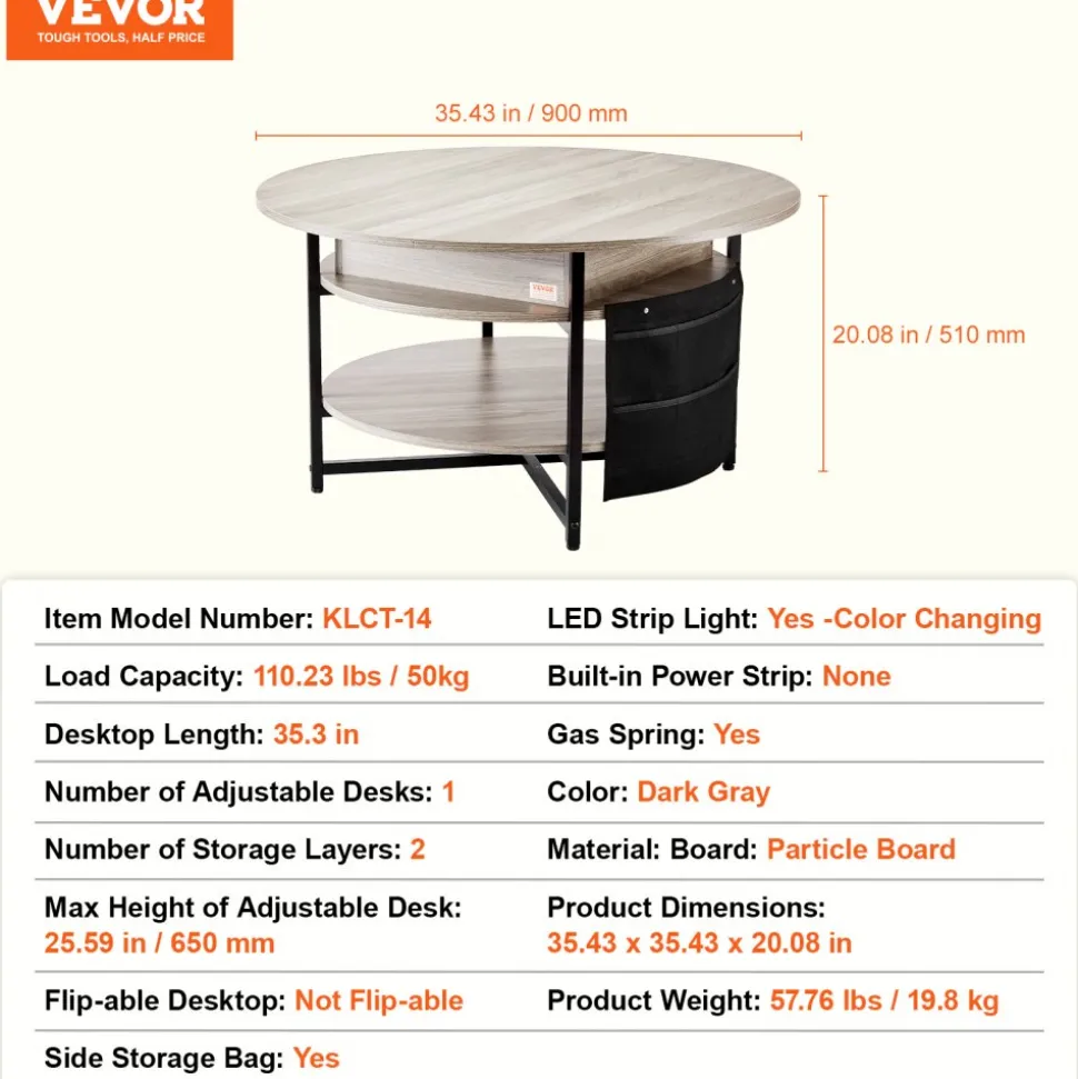 VEVOR Lift Top Coffee Table, 35.3 in Round Coffee Table with Extra Storage Pockets, Pop Up Coffee Table for Living Room, White