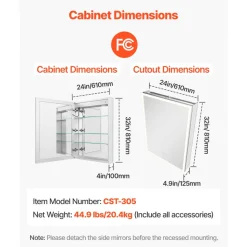 VEVOR Lighted Medicine Cabinet with Mirror, 24 x 32 in Recessed or Wall Mount, 3 Color Dimmable LED Bathroom Medicine Cabinet with Magnifying Mirror, Adjustable Shelve Storage, Memory Defog Function