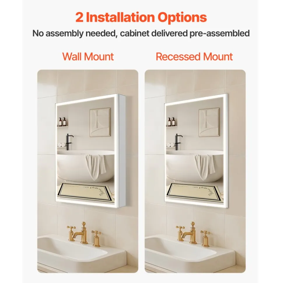 VEVOR Lighted Medicine Cabinet with Mirror, 30 x 28 in Recessed or Wall Mount, 3 Color Dimmable LED Bathroom Medicine Cabinet with HD Tempered Glass Mirror, Adjustable Shelves, Memory Defog Function