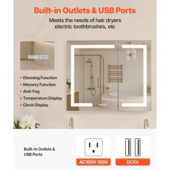 VEVOR Lighted Medicine Cabinet with Mirror, 36 x 30 in Recessed or Wall Mount, 3 Color Dimmable LED Bathroom Medicine Cabinet with HD Mirror, Clock, Adjustable Shelve Storage, Memory Defog Function