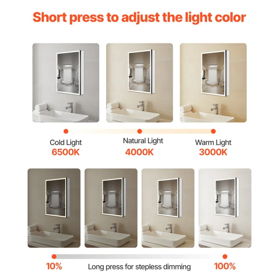 VEVOR Lighted Medicine Cabinet with Mirror, 20 x 28 in Recessed or Wall Mount, 3 Color Dimmable LED Bathroom Medicine Cabinet with Bottom Lighting, Adjustable Shelve Storage, Memory Defog Function