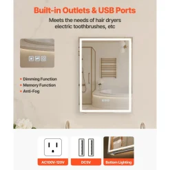 VEVOR Lighted Medicine Cabinet with Mirror, 20 x 28 in Recessed or Wall Mount, 3 Color Dimmable LED Bathroom Medicine Cabinet with Bottom Lighting, Adjustable Shelve Storage, Memory Defog Function