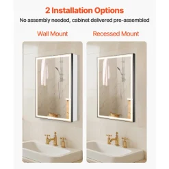 VEVOR Lighted Medicine Cabinet with Mirror, 20 x 28 in Recessed or Wall Mount, 3 Color Dimmable LED Bathroom Medicine Cabinet with Bottom Lighting, Adjustable Shelve Storage, Memory Defog Function