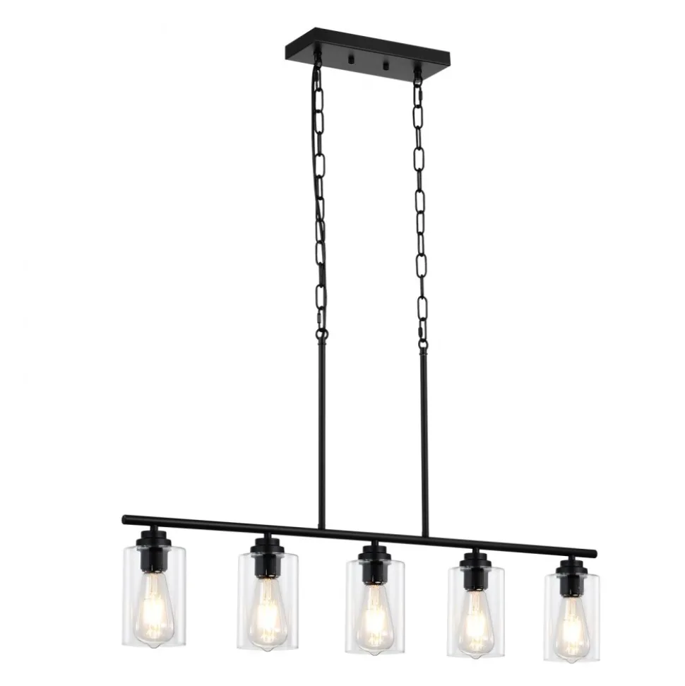 VEVOR 5-Light Kitchen Island Pendant Lights, 60W, Adjustable Dining Room Light Fixture with Clear Glass Lampshade 4 Rods 2 Metal Chains, Metal Frame Farmhouse Linear Chandeliers for Dining Room, E26