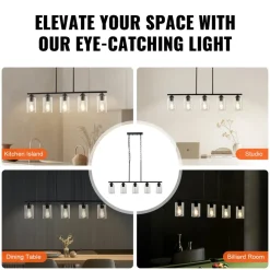 VEVOR 5-Light Kitchen Island Pendant Lights, 60W, Adjustable Dining Room Light Fixture with Clear Glass Lampshade 4 Rods 2 Metal Chains, Metal Frame Farmhouse Linear Chandeliers for Dining Room, E26