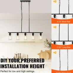 VEVOR 5-Light Kitchen Island Pendant Lights, 60W, Adjustable Dining Room Light Fixture with Clear Glass Lampshade 4 Rods 2 Metal Chains, Metal Frame Farmhouse Linear Chandeliers for Dining Room, E26