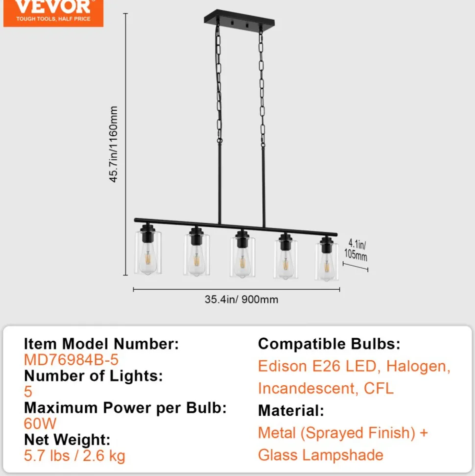 VEVOR 5-Light Kitchen Island Pendant Lights, 60W, Adjustable Dining Room Light Fixture with Clear Glass Lampshade 4 Rods 2 Metal Chains, Metal Frame Farmhouse Linear Chandeliers for Dining Room, E26