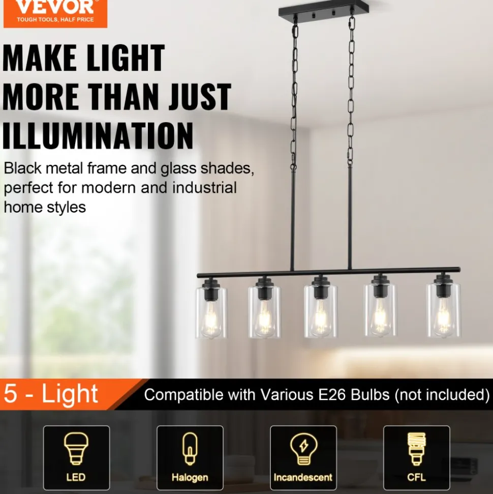 VEVOR 5-Light Kitchen Island Pendant Lights, 60W, Adjustable Dining Room Light Fixture with Clear Glass Lampshade 4 Rods 2 Metal Chains, Metal Frame Farmhouse Linear Chandeliers for Dining Room, E26
