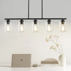 VEVOR 5-Light Kitchen Island Pendant Lights, 60W, Adjustable Dining Room Light Fixture with Clear Glass Lampshade 4 Rods 2 Metal Chains, Metal Frame Farmhouse Linear Chandeliers for Dining Room, E26