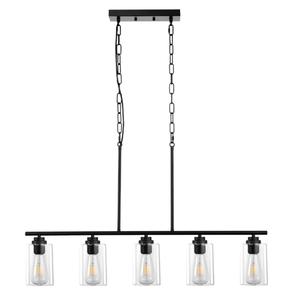 VEVOR 5-Light Kitchen Island Pendant Lights, 60W, Adjustable Dining Room Light Fixture with Clear Glass Lampshade 4 Rods 2 Metal Chains, Metal Frame Farmhouse Linear Chandeliers for Dining Room, E26