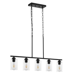 VEVOR 5-Light Kitchen Island Pendant Lights, 60W, Adjustable Dining Room Light Fixture with Clear Glass Lampshade 4 Rods 2 Metal Chains, Metal Frame Farmhouse Linear Chandeliers for Dining Room, E26