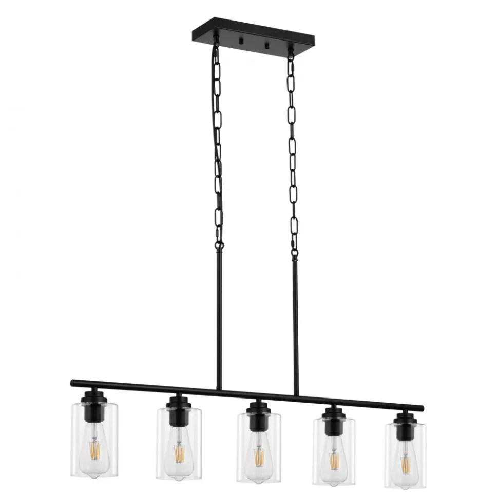 VEVOR 5-Light Kitchen Island Pendant Lights, 60W, Adjustable Dining Room Light Fixture with Clear Glass Lampshade 4 Rods 2 Metal Chains, Metal Frame Farmhouse Linear Chandeliers for Dining Room, E26