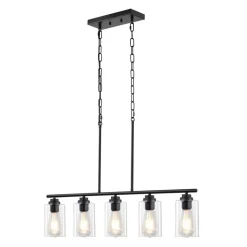 VEVOR 5-Light Kitchen Island Pendant Lights, 60W, Adjustable Dining Room Light Fixture with Clear Glass Lampshade 4 Rods 2 Metal Chains, Metal Frame Farmhouse Linear Chandeliers for Dining Room, E26