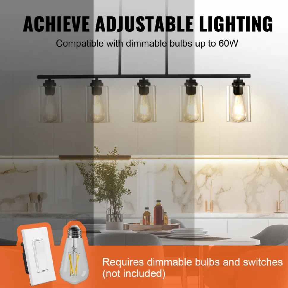 VEVOR 5-Light Kitchen Island Pendant Lights, 60W, Adjustable Dining Room Light Fixture with Clear Glass Lampshade 4 Rods 2 Metal Chains, Metal Frame Farmhouse Linear Chandeliers for Dining Room, E26