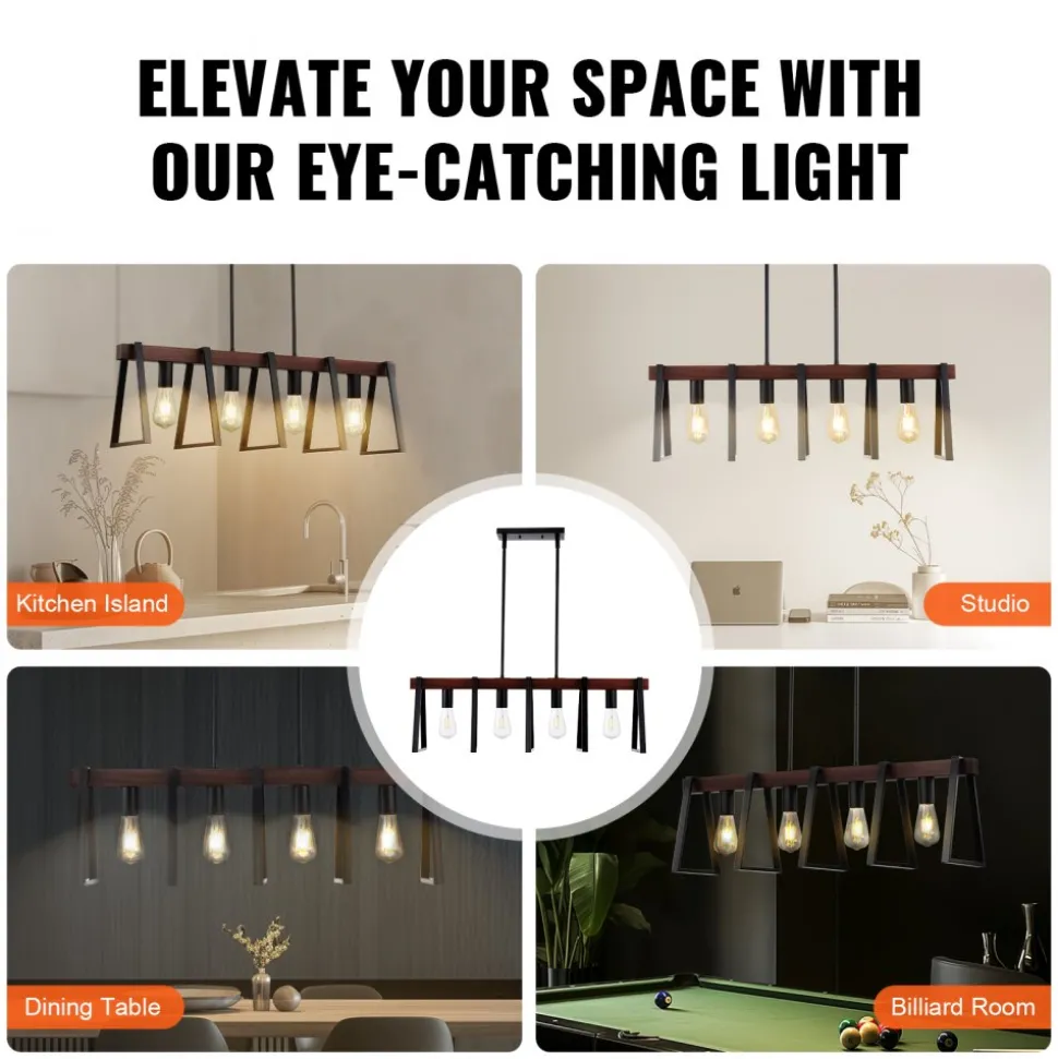 VEVOR 4-Light Kitchen Island Pendant Lights, 60W, Adjustable Dining Room Light Fixture with 2 x 6'' and 6 x 12'' Rods, Industrial Metal Frame Farmhouse Linear Chandeliers Lighting for Dining Room, E26