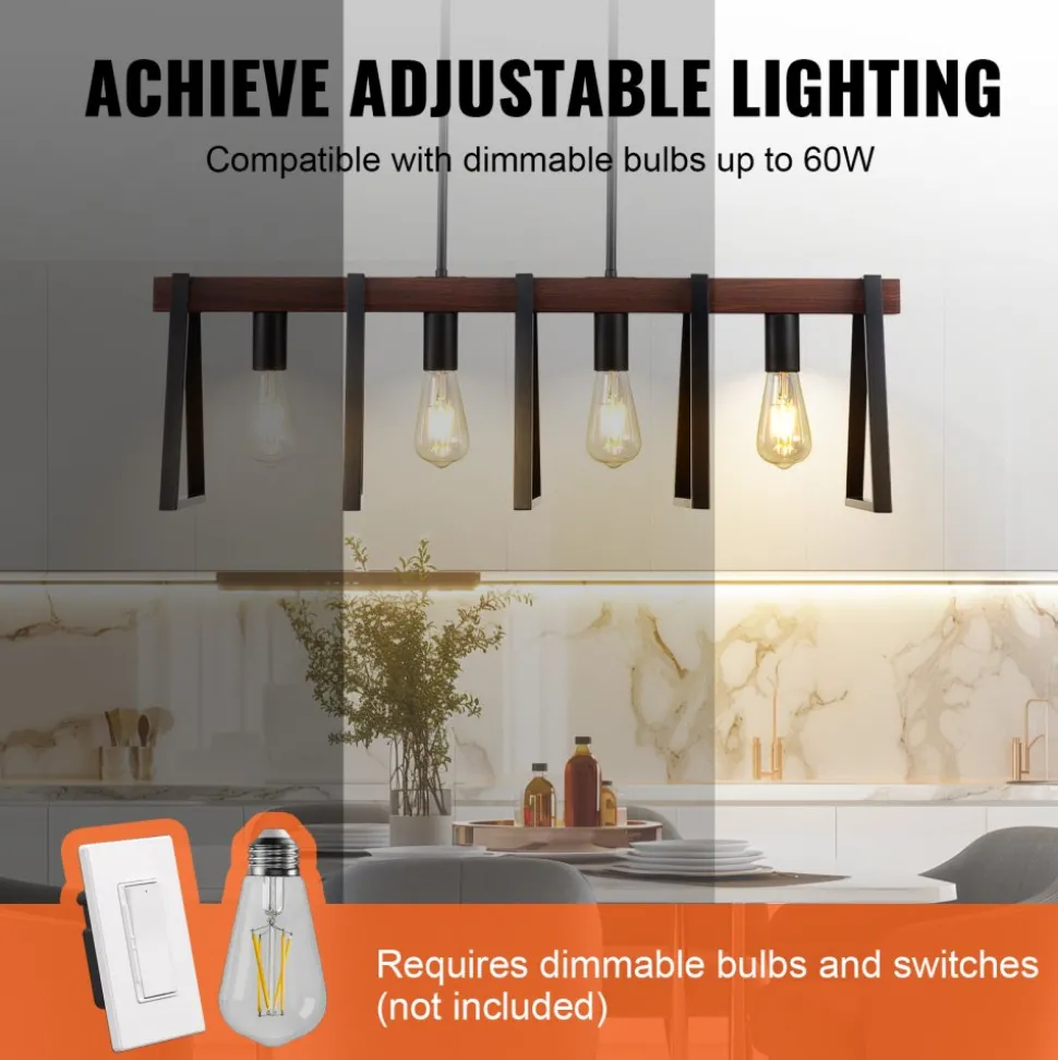 VEVOR 4-Light Kitchen Island Pendant Lights, 60W, Adjustable Dining Room Light Fixture with 2 x 6'' and 6 x 12'' Rods, Industrial Metal Frame Farmhouse Linear Chandeliers Lighting for Dining Room, E26