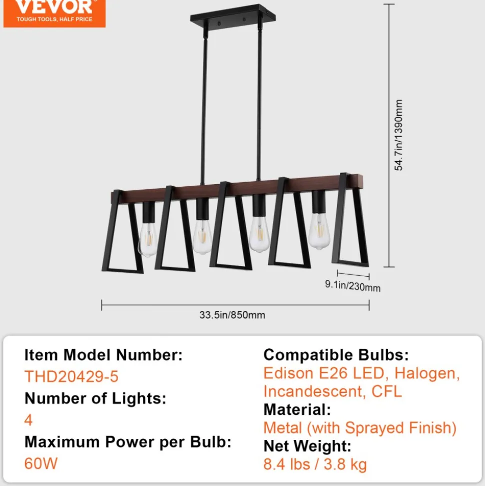 VEVOR 4-Light Kitchen Island Pendant Lights, 60W, Adjustable Dining Room Light Fixture with 2 x 6'' and 6 x 12'' Rods, Industrial Metal Frame Farmhouse Linear Chandeliers Lighting for Dining Room, E26