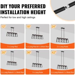 VEVOR 4-Light Kitchen Island Pendant Lights, 60W, Adjustable Dining Room Light Fixture with 2 x 6'' and 6 x 12'' Rods, Industrial Metal Frame Farmhouse Linear Chandeliers Lighting for Dining Room, E26