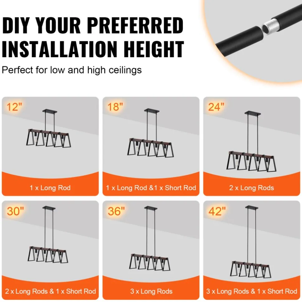 VEVOR 4-Light Kitchen Island Pendant Lights, 60W, Adjustable Dining Room Light Fixture with 2 x 6'' and 6 x 12'' Rods, Industrial Metal Frame Farmhouse Linear Chandeliers Lighting for Dining Room, E26