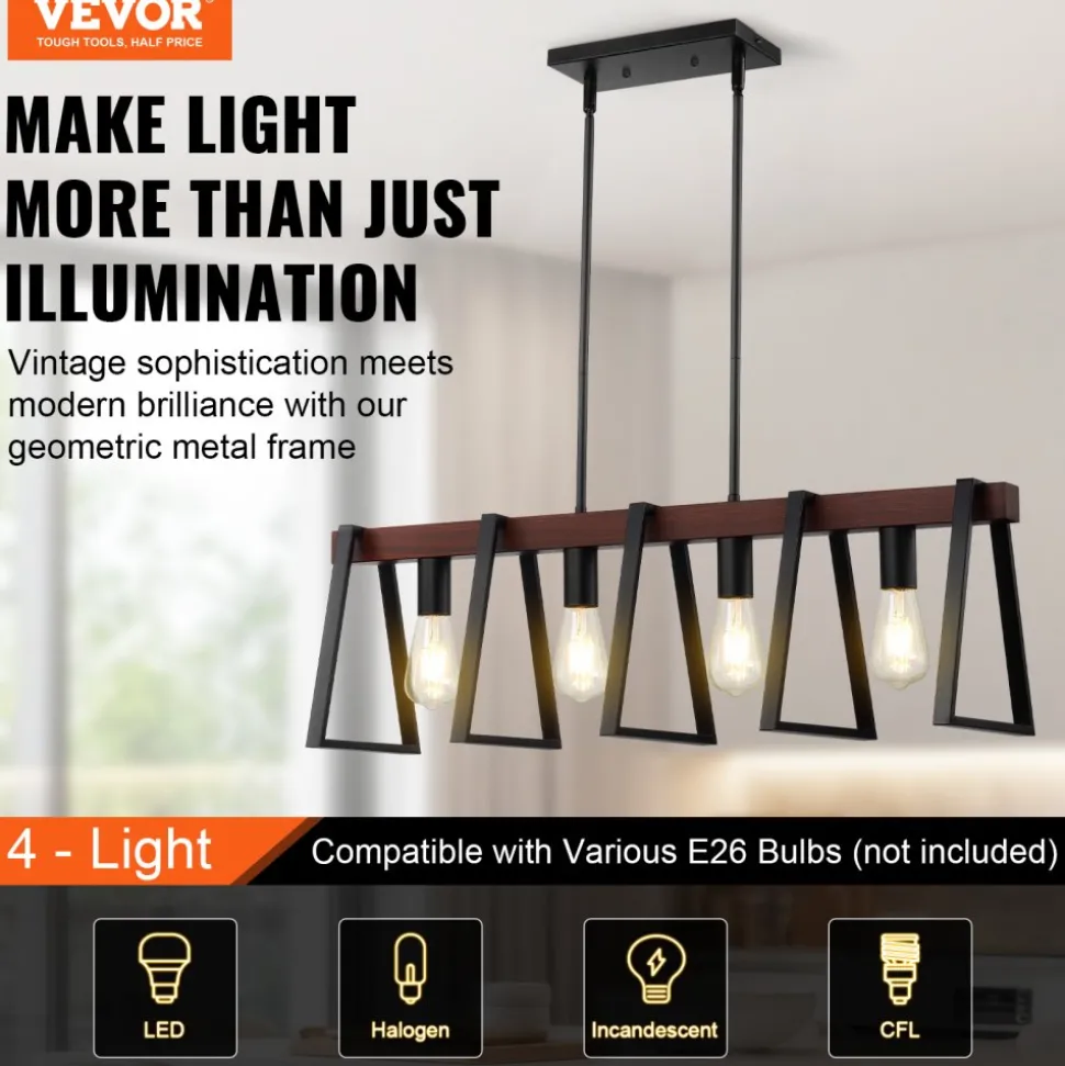 VEVOR 4-Light Kitchen Island Pendant Lights, 60W, Adjustable Dining Room Light Fixture with 2 x 6'' and 6 x 12'' Rods, Industrial Metal Frame Farmhouse Linear Chandeliers Lighting for Dining Room, E26
