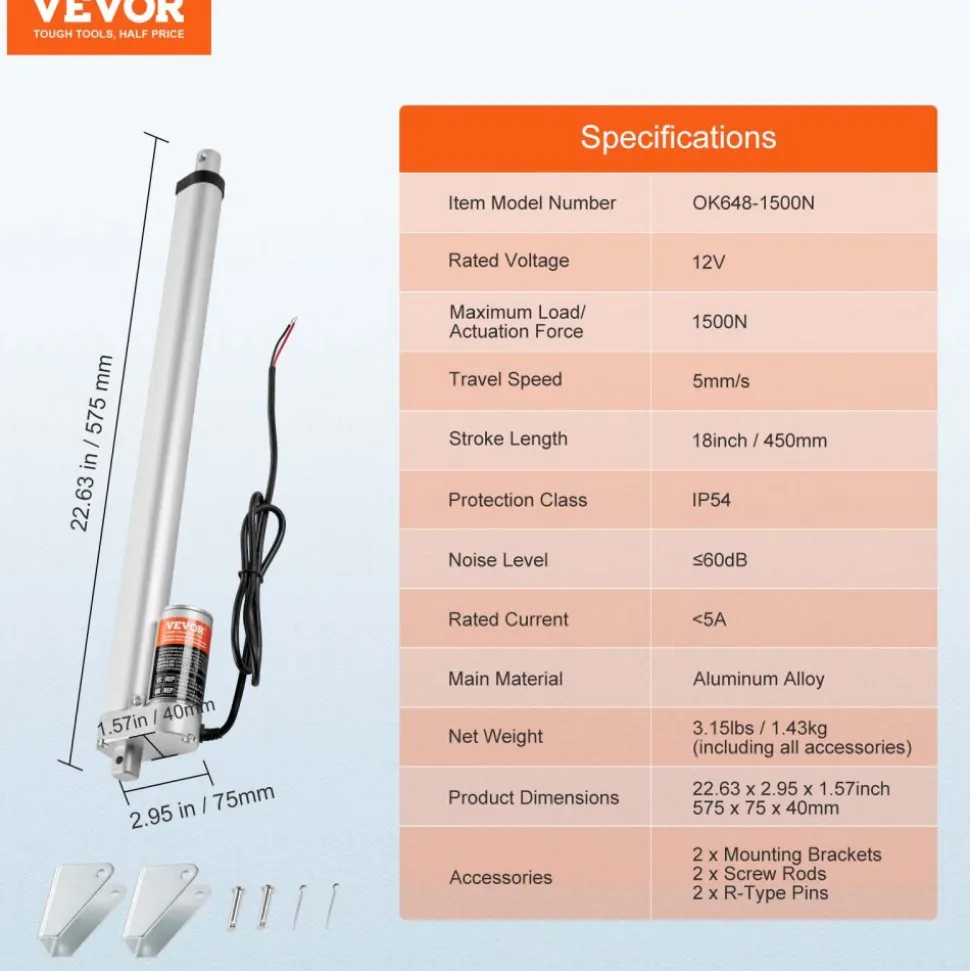 VEVOR Linear Actuator 12V, 18 Inch High Load 330lbs/1500N Linear Actuator, 0.19"/s Linear Motion Actuator with Mounting Bracket and IP54 Protection