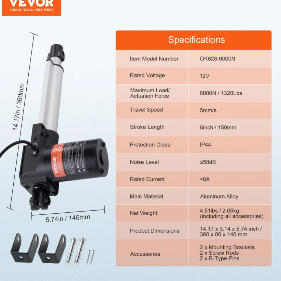 VEVOR Linear Actuator 12V, 6 Inch Heavy Duty 1320lbs/6000N Linear Actuator, 0.19"/s Linear Motion Actuator with Mounting Bracket & IP44 Protection for Electric Door Industrial Machinery Vessels Cargo