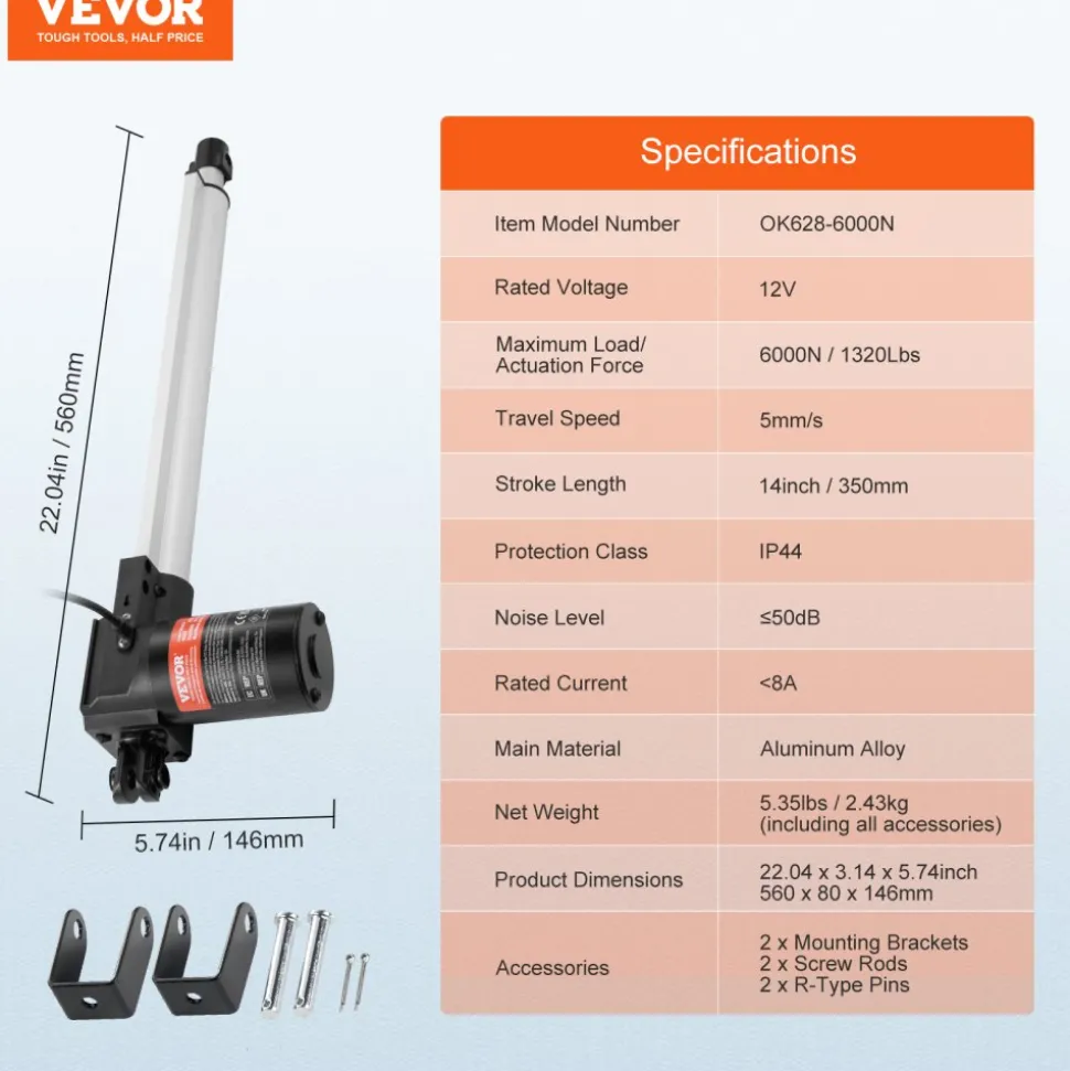 VEVOR Linear Actuator 12V, 14 Inch Heavy Duty 1320lbs/6000N Linear Actuator, 0.19"/s Linear Motion Actuator with Mounting Bracket & IP44 Protection for Electric Door Industrial Machinery Vessels Cargo