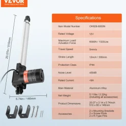 VEVOR Linear Actuator 12V, 12 Inch Heavy Duty 1320lbs/6000N Linear Actuator, 0.19