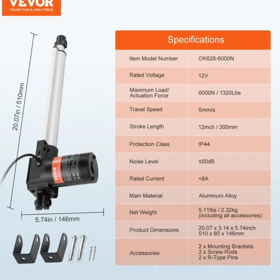 VEVOR Linear Actuator 12V, 12 Inch Heavy Duty 1320lbs/6000N Linear Actuator, 0.19"/s Linear Motion Actuator with Mounting Bracket & IP44 Protection for Electric Door Industrial Machinery Vessels Cargo