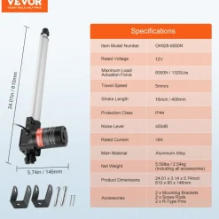 VEVOR Linear Actuator 12V, 16 Inch Heavy Duty 1320lbs/6000N Linear Actuator, 0.19