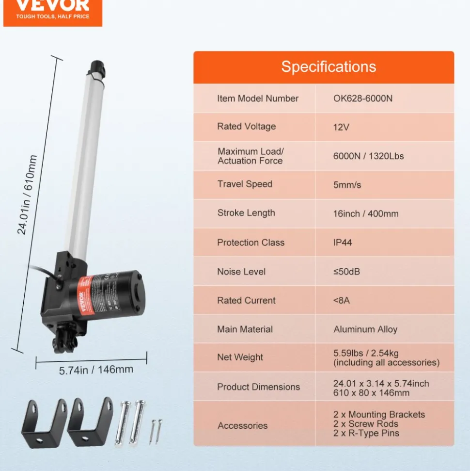 VEVOR Linear Actuator 12V, 16 Inch Heavy Duty 1320lbs/6000N Linear Actuator, 0.19"/s Linear Motion Actuator with Mounting Bracket & IP44 Protection for Electric Door Industrial Machinery Vessels Cargo